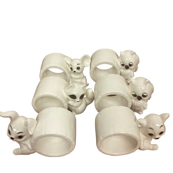 Schmid Bros Animal Napkin Rings Set Of 6 White Ceramic Raccoon Owl Mouse in Box - Picture 11 of 14